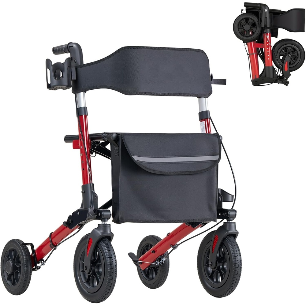 image:imageVEVOR Rollator Walker with Seat for Seniors Ultra Compact 3Fold Rolling Walker Lightweight Aluminum Mobility Walking Aid with PU Solid Wheels Adjustable Handle Cup amp Cane Holder  Supports 300LBSRed  Black