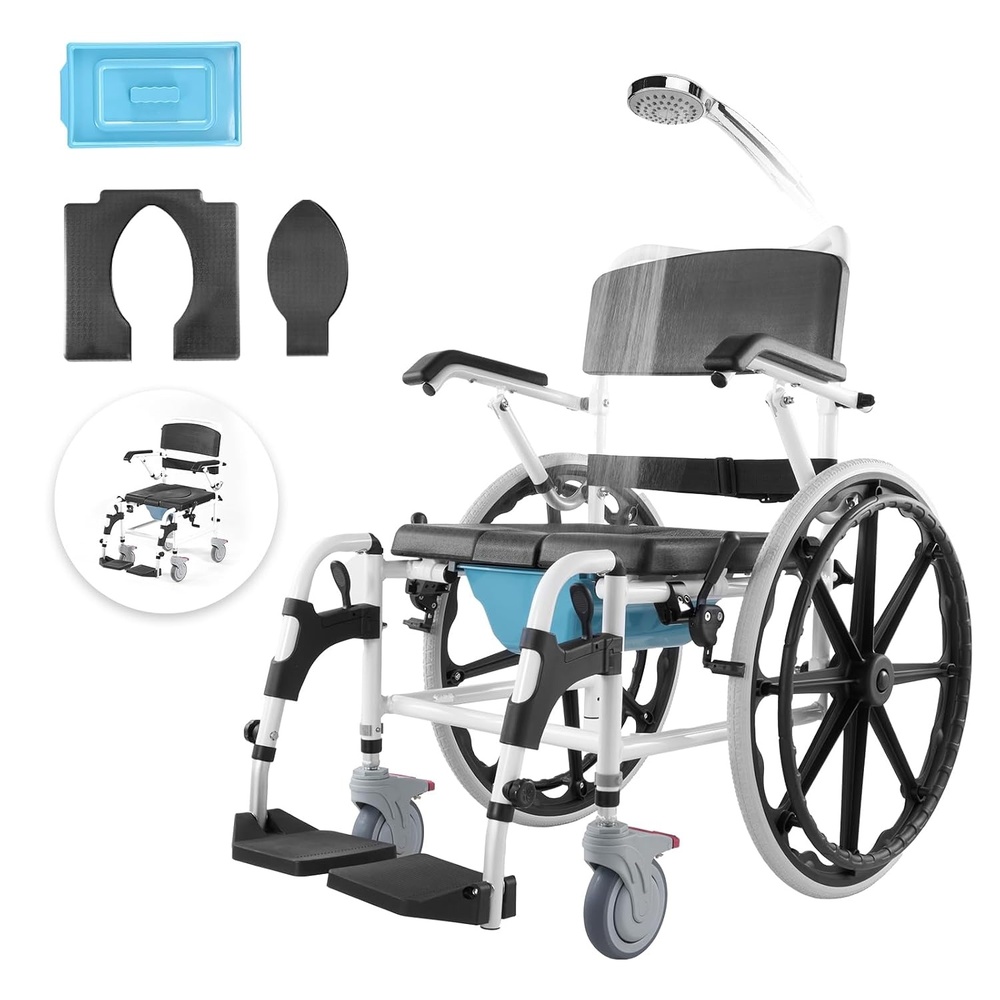 image:imageVEVOR Shower Wheelchair 175in Width Aluminum Alloy Bathroom Wheelchair for Inside Shower Adjustable Rolling Shower Chair wBrake for Disabled Adult 300 lbs Capacity Shower Commode Transport ChairSelfPropelled bathroom Wheelchairs