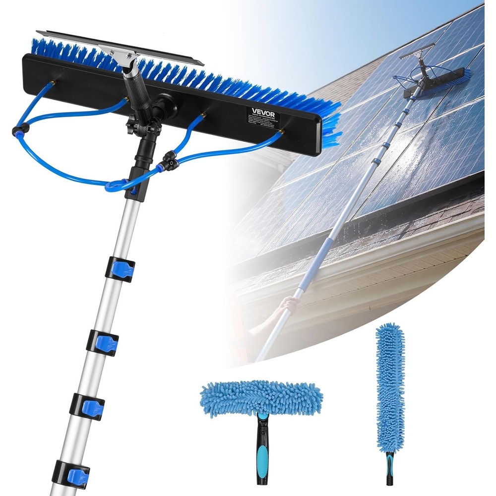 image:imageVEVOR Solar Panel Cleaning Kit 15 ft Water Fed Pole Kit with Cleaning Brush Squeegee Soap Dispenser Extendable Aluminum Telescopic Pole 180 Rotatable Brush Head for Roof Mounted Solar Panels33 Ft