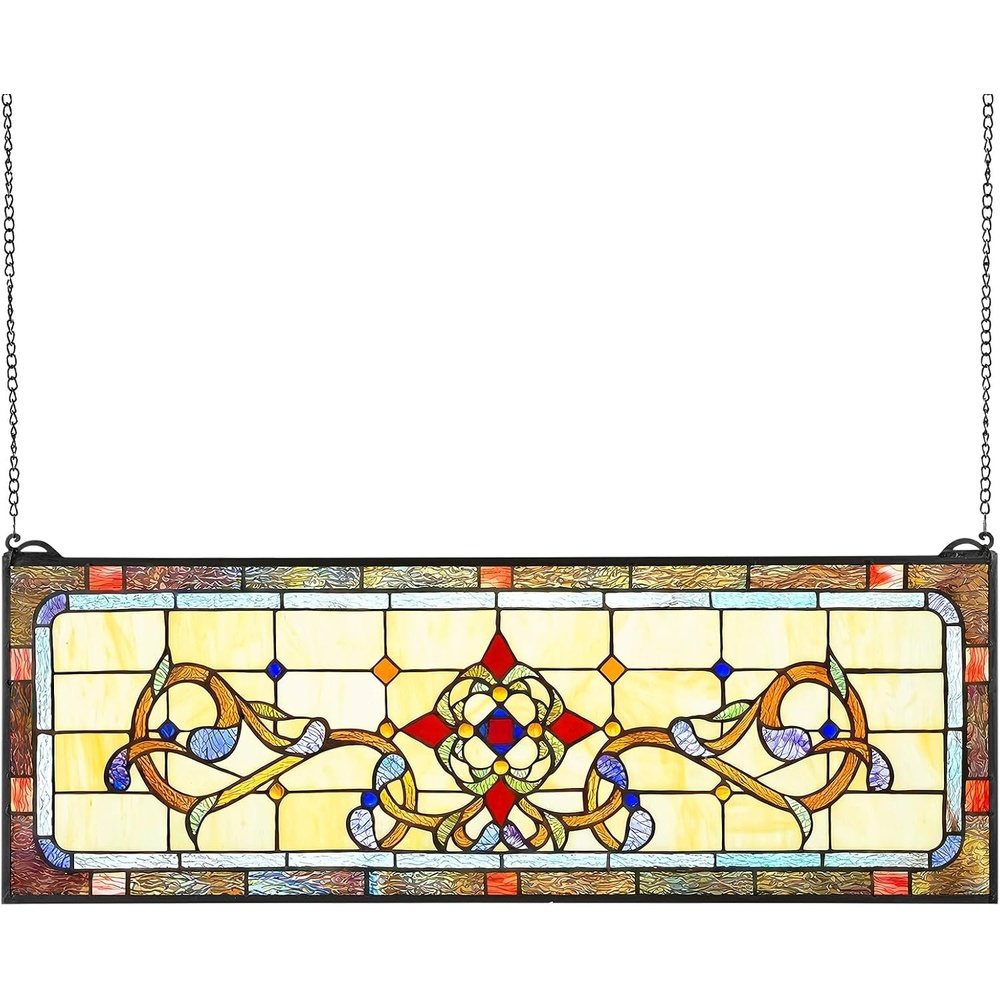 image:imageVEVOR Stained Glass Window Panel 320 x 100 Tiffany Style Hanging Transom Window Panel with Chain Large Horizontal Rectangle Stain Glass Vintage Traditional Art Handcrafts for Kitchen Home Decor3201 x 1102 x 016 in