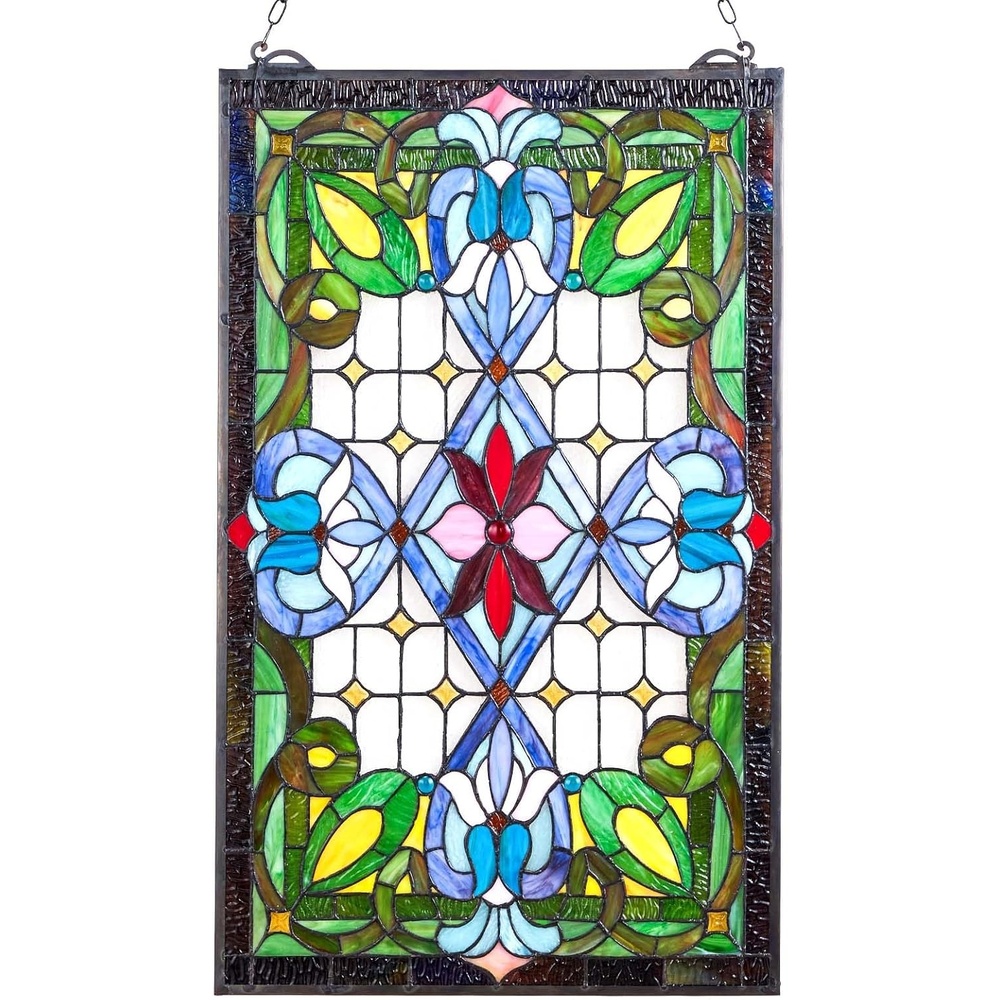 image:imageVEVOR Stained Glass Window Panel 36 x 18 in Tiffany Style Hanging Transom Window Panel with Chain Large HalfRound Stain Glass Hanging Vintage Traditional Art Handcrafts for Kitchen Home Decor17 x 29 in