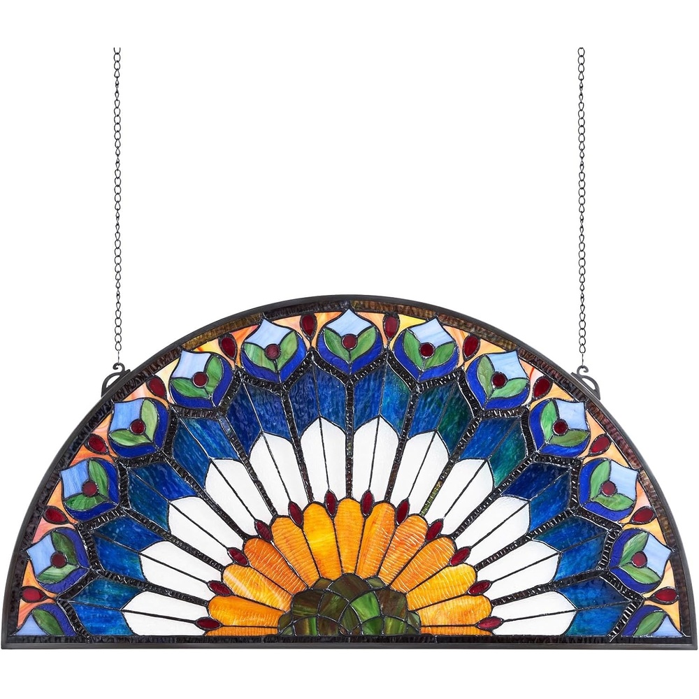 image:imageVEVOR Stained Glass Window Panel 36 x 18 in Tiffany Style Hanging Transom Window Panel with Chain Large HalfRound Stain Glass Hanging Vintage Traditional Art Handcrafts for Kitchen Home Decor36 x 18 in