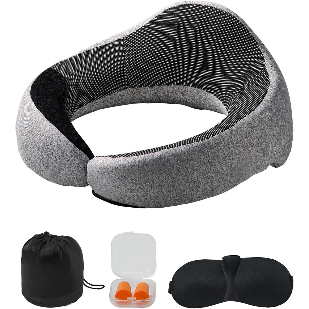 image:imageVEVOR Travel Pillow DoubleLayered 3D Support Neck Pillow for Traveling 360 Flexible Rotation Upgraded Memory Foam Travel Neck Pillow with Eye Mask Earplugs Earplug Case Storage BagBlackGrayBlackgray