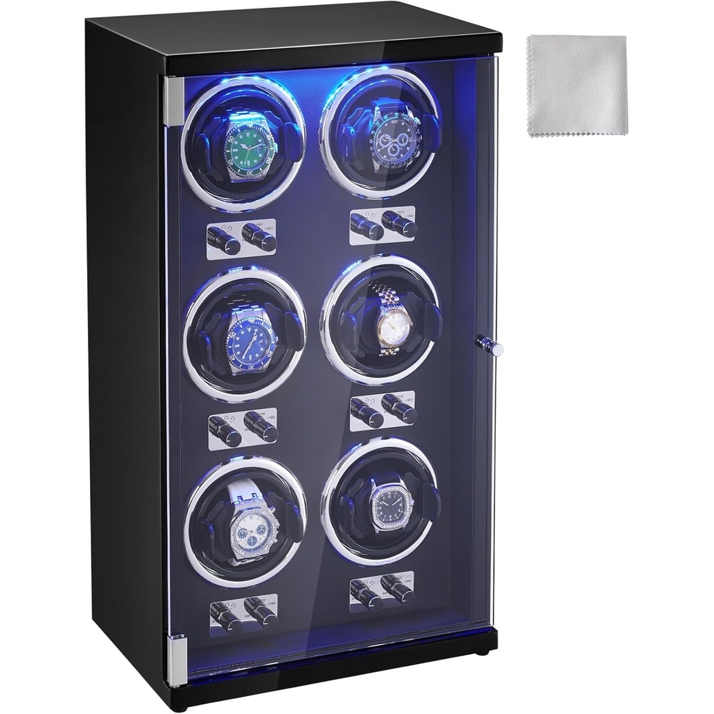image:imageVEVOR Watch Organizer Accommodates 8 Automatic Watches for Both Men and Women Features 8 UltraSilent Japanese Mabuchi Motors Includes Blue LED Illumination amp Power Adapter Crafted from DurableSix Slots