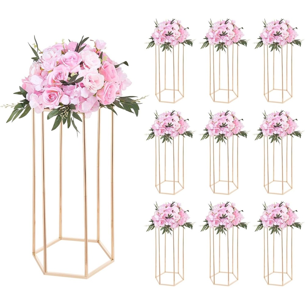 image:imageVEVOR Wedding Flower Stand 10PCS 2362inch Column Flower Stand Floral Stands with Acrylic Laminate Hexagonal Cubic Floral Display Rack for Wedding Party Birthday HomeFrench Gold Stands