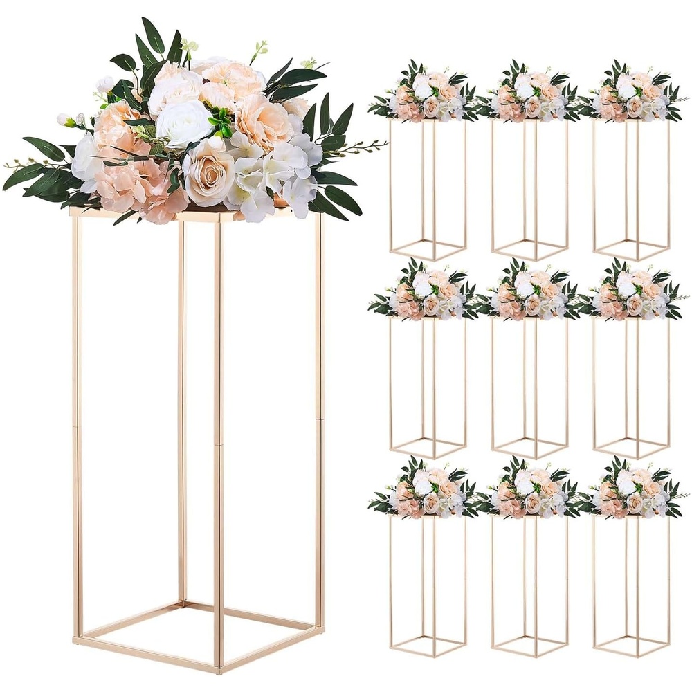image:imageVEVOR Wedding Flower Stand 10PCS 2362inch Column Flower Stand Floral Stands with Metal Laminate Rectangular Floral Display Rack for Wedding Party Birthday HomeFrench Gold Centerpiece Stands
