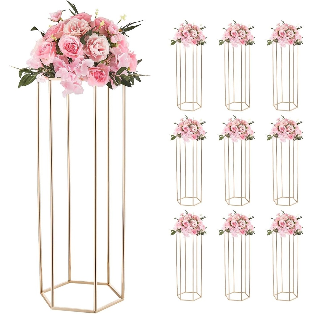 image:imageVEVOR Wedding Flower Stand 10PCS 315inch Column Flower Stand Floral Stands with Acrylic Laminate Hexagonal Cubic Floral Display Rack for Wedding Party Birthday HomeFrench Gold Stands