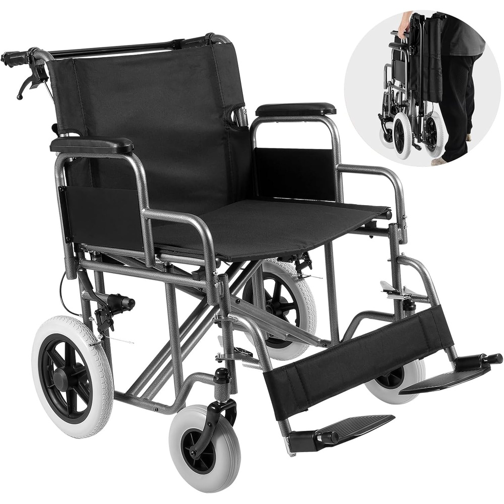image:imageVEVOR Wheelchair Carbon Steel Transport Chair for Adults Foldable Wheelchair with Detachable Armrest SelfLocking Brake 24Inch Wide Seat 300lbs Weight Capacity for The Disabled Move Freely24Inch Wide Seat 300 Pound
