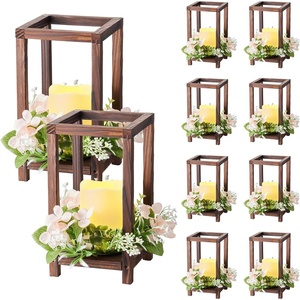 VEVOR 20 Set/60 Pcs Wooden Wedding Lantern Centerpiece, Includes 20 Wooden Lantern Candle Holder 20 Flameless LED Candle 20 Champagne Flower Wreath for Wedding Table Party Farmhouse Decor, Brown(Brown)