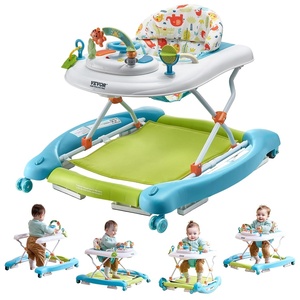 VEVOR Baby Walker, Foldable Baby Walkers and Activity Center on Wheels, 3-Level Height Adjustable Toddler Infant Walker with Feeding Tray, Anti-Rollover Activity Walker Helper for Boy Girl 6-12 Months(White+Blue)