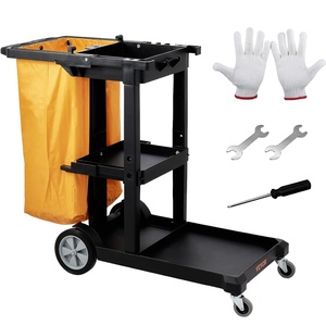 VEVOR Cleaning Cart, 3-Shelf Commercial Janitorial Cart, 200 lbs Capacity Plastic Housekeeping Cart, with 25 Gallon PVC Bag, 47 x 20 x 38.6in, Yellow & Black(Black)