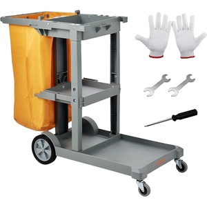 VEVOR Cleaning Cart, 3-Shelf Commercial Janitorial Cart, 200 lbs Capacity Plastic Housekeeping Cart, with 25 Gallon PVC Bag and Cover, 47 x 20 x 38.6in, Yellow&Black(Gray)