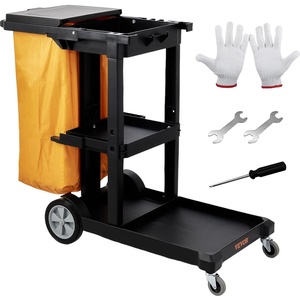 VEVOR Cleaning Cart, 3-Shelf Commercial Janitorial Cart, 200 lbs Capacity Plastic Housekeeping Cart, with 25 Gallon PVC Bag and Cover, 47 x 20 x 38.6in, Yellow&Black(Black+lid)