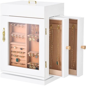 VEVOR Jewelry Box, 360° Rotating Jewelry Organizer with 5 Drawers, Acrylic Window, 4 Necklace Hooks on Each Side, Spacious Storage Case with Metal Handles, Bottom Pad and Soft Velvet Lining, White(9.3*6.7*13 inch)