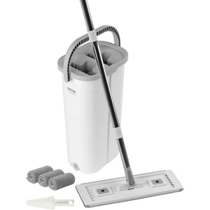 VEVOR Mop and Bucket with Wringer Set, Wet & Dry Use, Flat Mop and Bucket System with 3 Washable Microfiber Pads, Flat Mop with Stainless Steel Handle, Mop Bucket Set for Hardwood Tile Vinyl(Flat Mop and Bucket with 3 Pads)