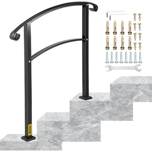 VEVOR Outdoor Handrails for Outdoor Steps, Fit 2-3 Steps Outdoor Stair Railing, Black Wrought Iron Handrail, Flexible Front Porch Hand Rail, Transitional Handrails for Concrete Steps or Wooden Stairs(Style2 – Curved Plus)