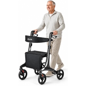VEVOR Rollator Walker with Seat for Seniors, Foldable Lightweight Rolling Walker, Carbon Fiber Mobility Walking Aid with 8″ Solid PVC Wheels and Adjustable Handle – Supports up to 300LBS(Black)