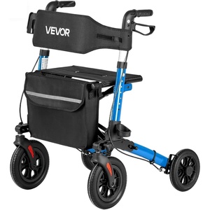 VEVOR Rollator Walker with Seat for Seniors, Ultra Compact 3-Fold Rolling Walker, Lightweight Aluminum Mobility Walking Aid with PU Solid Wheels, Adjustable Handle, Cup & Cane Holder – Supports 300LBS(Blue + Black)