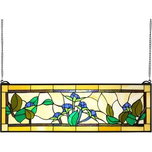 VEVOR Stained Glass Window Panel, 32.0″ x 10.0″ Tiffany Style Hanging Transom Window Panel with Chain, Large Horizontal Rectangle Stain Glass, Vintage Traditional Art Handcrafts for Kitchen Home Decor(35.16 x 13.11 x 0.16 in)