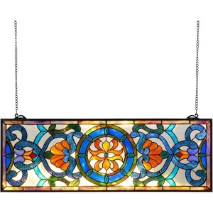 VEVOR Stained Glass Window Panel, 32.0″ x 10.0″ Tiffany Style Hanging Transom Window Panel with Chain, Large Horizontal Rectangle Stain Glass, Vintage Traditional Art Handcrafts for Kitchen Home Decor(35.08 x 12.91 x 0.16 in)