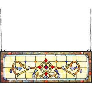 VEVOR Stained Glass Window Panel, 32.0″ x 10.0″ Tiffany Style Hanging Transom Window Panel with Chain, Large Horizontal Rectangle Stain Glass, Vintage Traditional Art Handcrafts for Kitchen Home Decor(32.01 x 11.02 x 0.16 in)