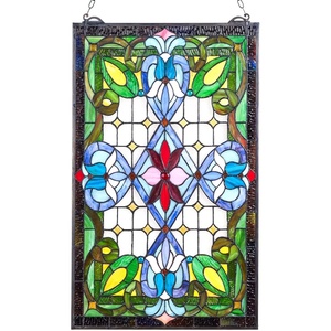 VEVOR Stained Glass Window Panel, 36 x 18 in, Tiffany Style Hanging Transom Window Panel with Chain, Large Half-Round Stain Glass Hanging, Vintage Traditional Art Handcrafts for Kitchen Home Decor(17 x 29 in)