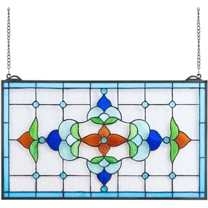 VEVOR Stained Glass Window Panel, 36 x 18 in, Tiffany Style Hanging Transom Window Panel with Chain, Large Half-Round Stain Glass Hanging, Vintage Traditional Art Handcrafts for Kitchen Home Decor(26 x 16 in)