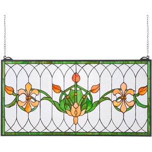 VEVOR Stained Glass Window Panel, 36 x 18 in, Tiffany Style Hanging Transom Window Panel with Chain, Large Half-Round Stain Glass Hanging, Vintage Traditional Art Handcrafts for Kitchen Home Decor(32 x 17 in)