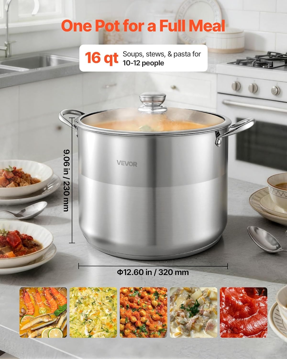 image:imageVEVOR 188 Stainless Steel Stockpot 42QT Large Cooking Pots Multipurpose Cookware Sauce Pot with Composite Base Heavy Duty Commercial Grade Stock Pot Sanding Treatment for Large Groups Events159 Quarts