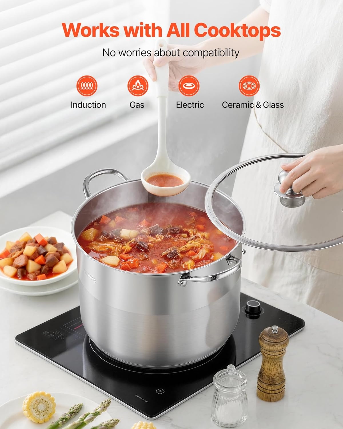 image:imageVEVOR 188 Stainless Steel Stockpot 42QT Large Cooking Pots Multipurpose Cookware Sauce Pot with Composite Base Heavy Duty Commercial Grade Stock Pot Sanding Treatment for Large Groups Events159 Quarts