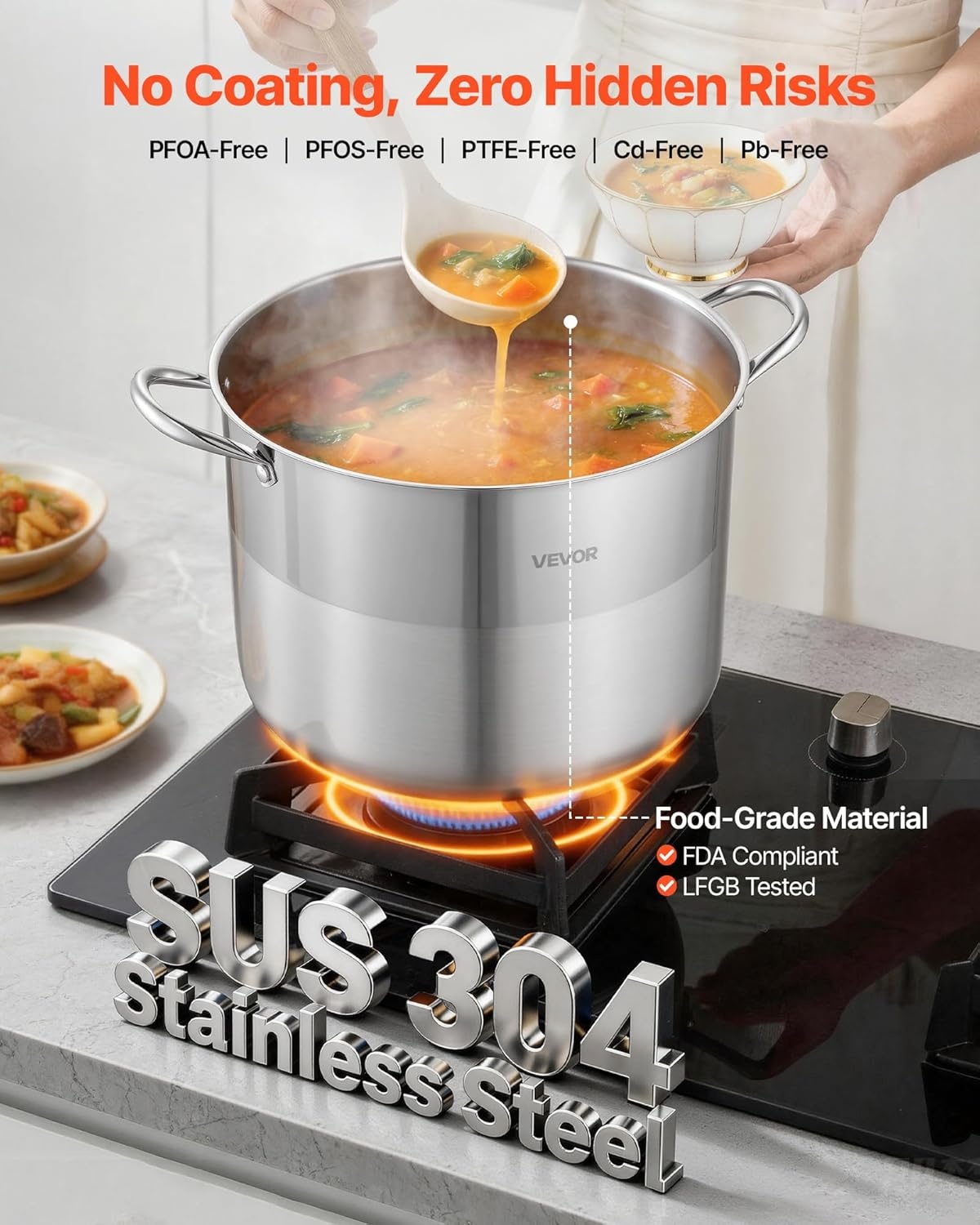 image:imageVEVOR 188 Stainless Steel Stockpot 42QT Large Cooking Pots Multipurpose Cookware Sauce Pot with Composite Base Heavy Duty Commercial Grade Stock Pot Sanding Treatment for Large Groups Events159 Quarts