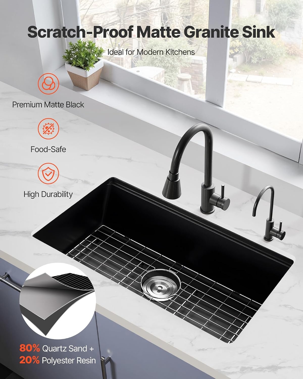 image:imageVEVOR 33 inch Kitchen Sink Workstation Top Mount Granite Sinks DropIn Single Bowl Farmhouse Basin with Multiple Accessories Household Dishwasher Sinks 18D x 30W x 9H18D x 30W x 9H