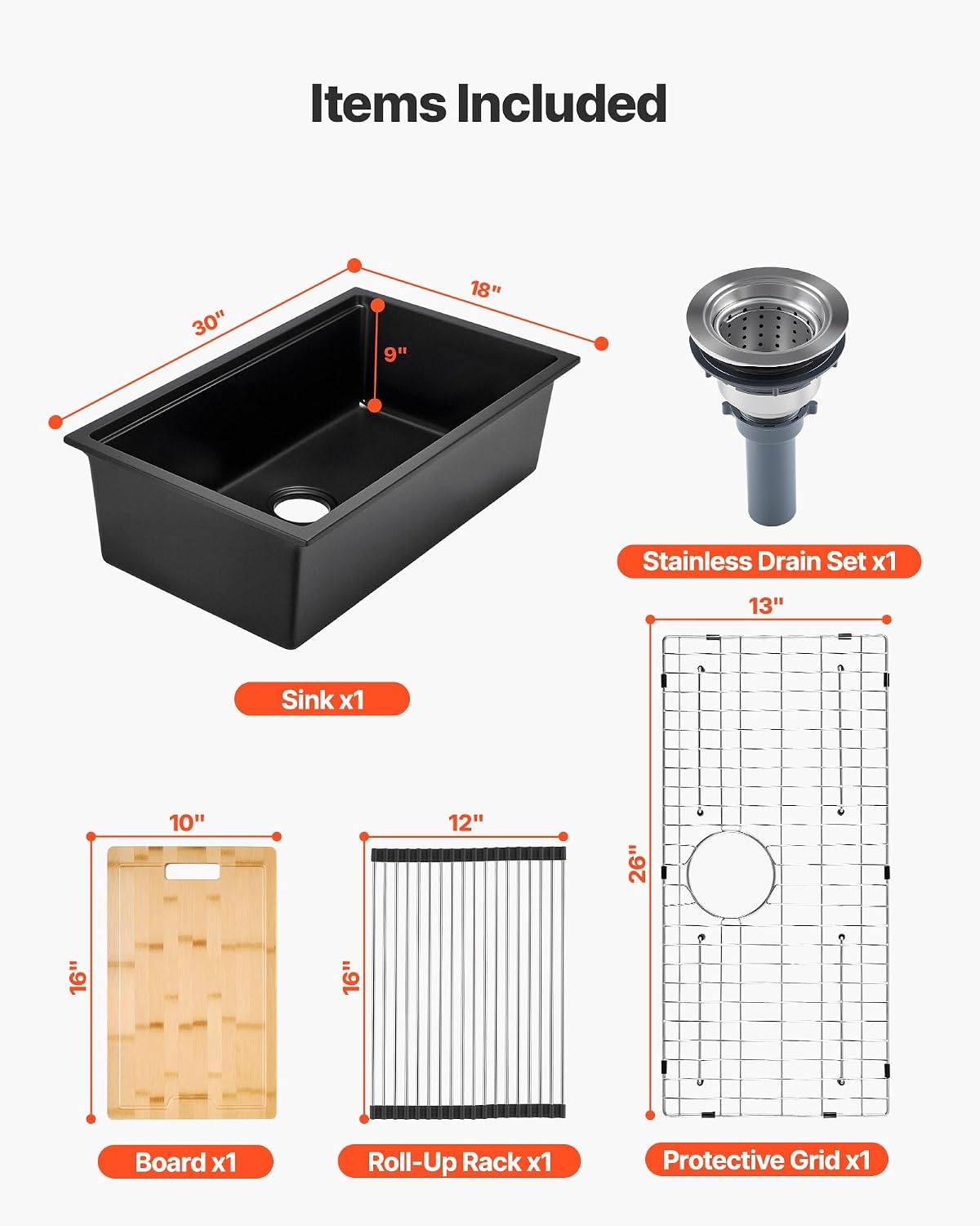 image:imageVEVOR 33 inch Kitchen Sink Workstation Top Mount Granite Sinks DropIn Single Bowl Farmhouse Basin with Multiple Accessories Household Dishwasher Sinks 18D x 30W x 9H18D x 30W x 9H