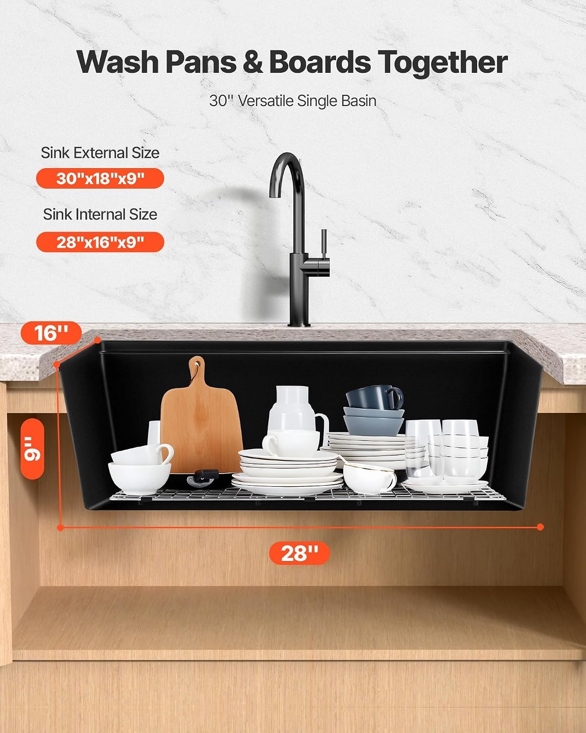 image:imageVEVOR 33 inch Kitchen Sink Workstation Top Mount Granite Sinks DropIn Single Bowl Farmhouse Basin with Multiple Accessories Household Dishwasher Sinks 18D x 30W x 9H18D x 30W x 9H