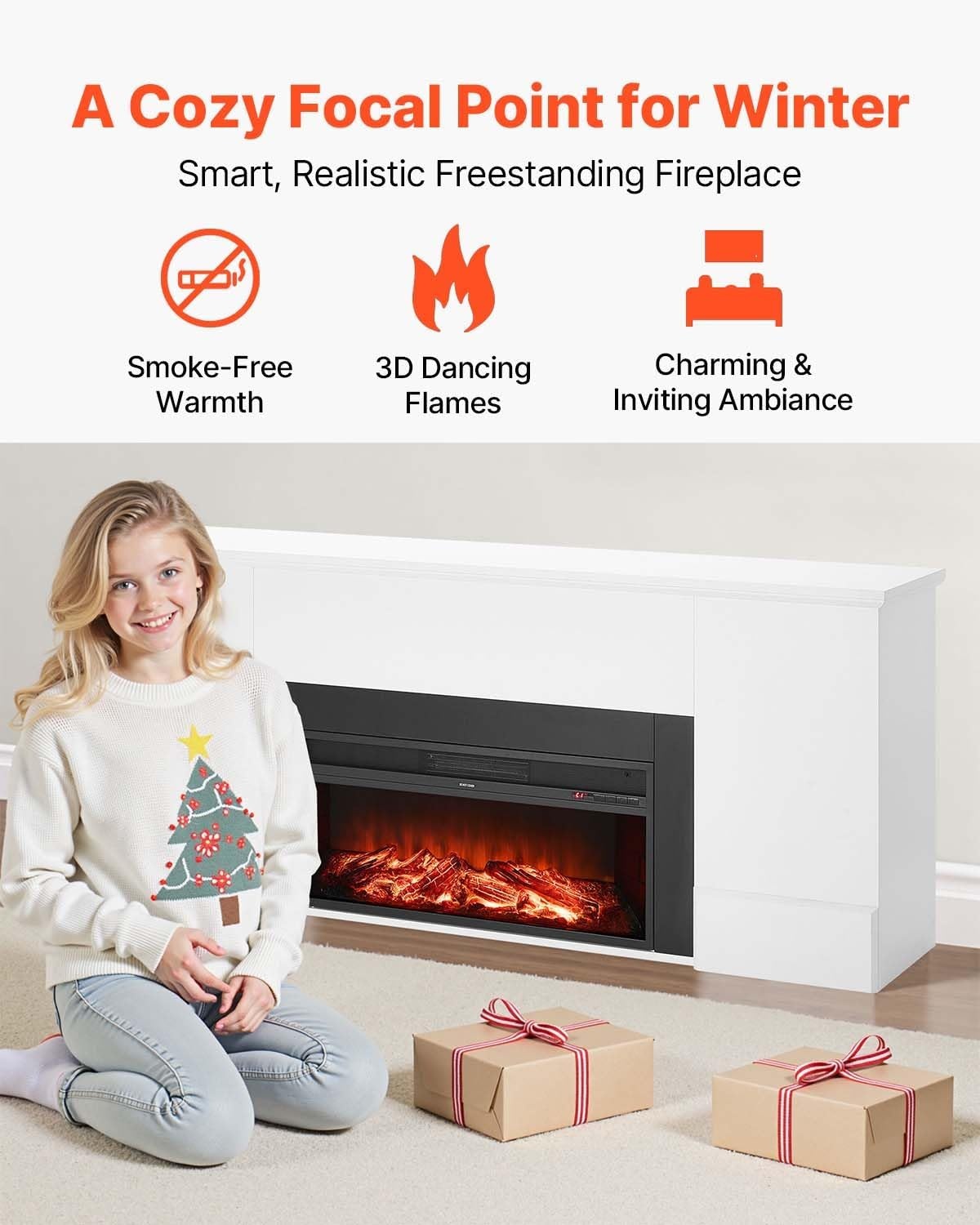 image:imageVEVOR 75Inch Freestanding Fireplace 1500W 5120 BTU Electric Fireplace Heater with Mantel Adjustable Flame amp Timer Overheat Protection Remote Control for Indoor Living Room amp Bedroom White75 Inch
