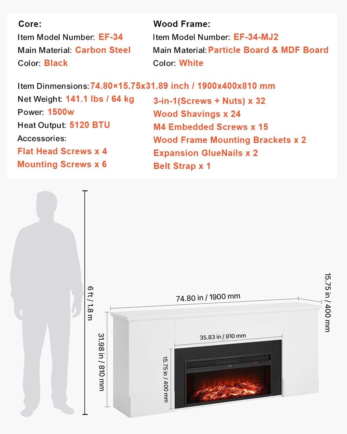 image:imageVEVOR 75Inch Freestanding Fireplace 1500W 5120 BTU Electric Fireplace Heater with Mantel Adjustable Flame amp Timer Overheat Protection Remote Control for Indoor Living Room amp Bedroom White75 Inch