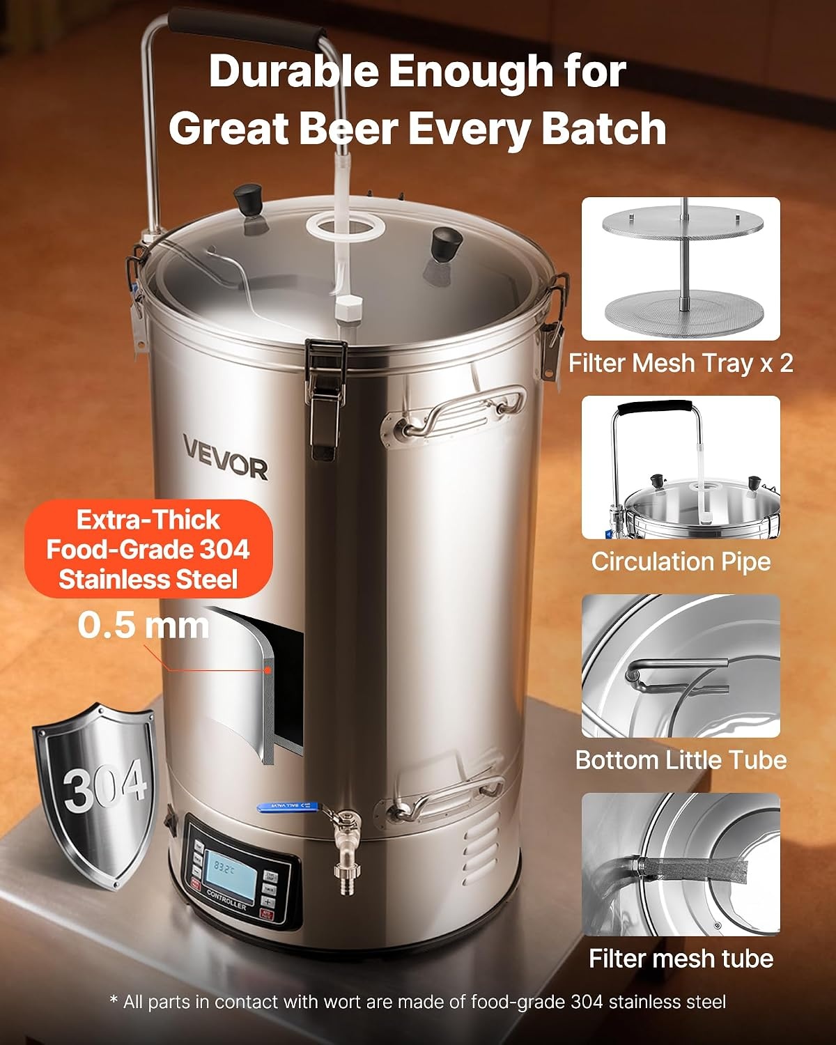 image:imageVEVOR Beer Brewing Equipment 16 Gal60L Beer Maker with AntiBurn Pump and Wort Chiller3000W AllinOne Home Brewing Kit with Digital Control Recipe Memory amp Timer Removable mesh strainer16 Gal