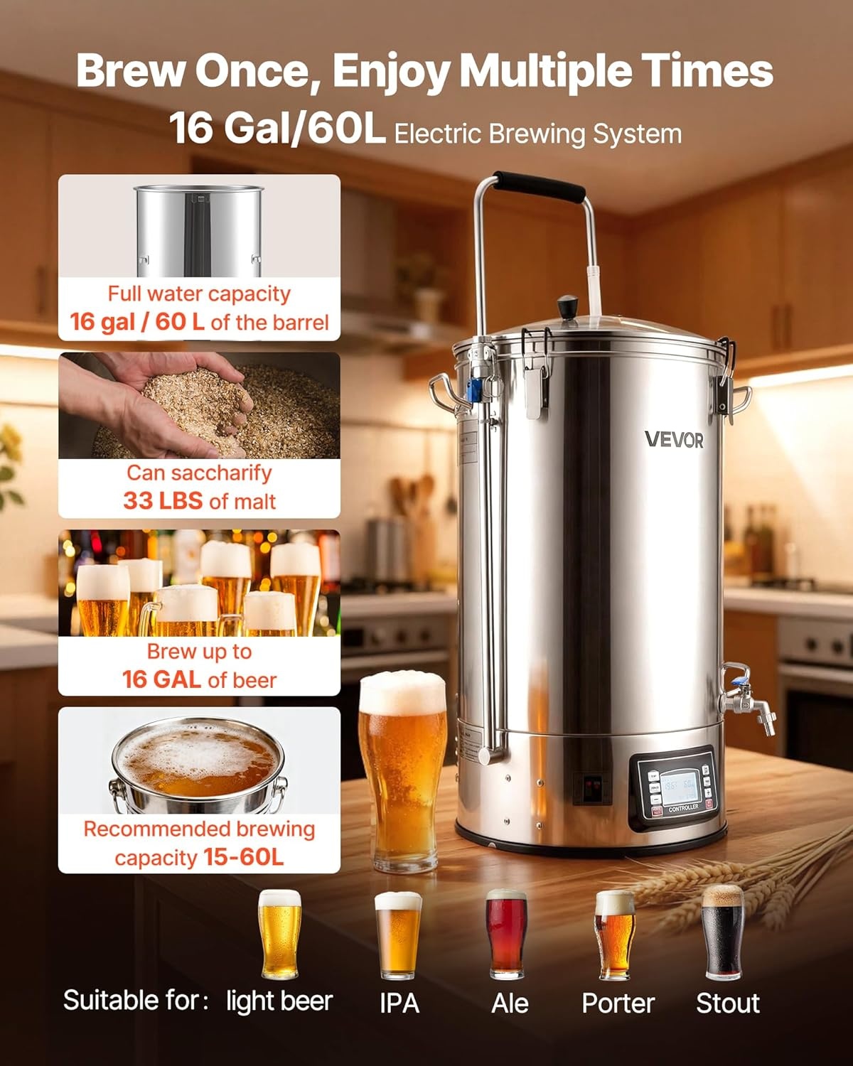 image:imageVEVOR Beer Brewing Equipment 16 Gal60L Beer Maker with AntiBurn Pump and Wort Chiller3000W AllinOne Home Brewing Kit with Digital Control Recipe Memory amp Timer Removable mesh strainer16 Gal