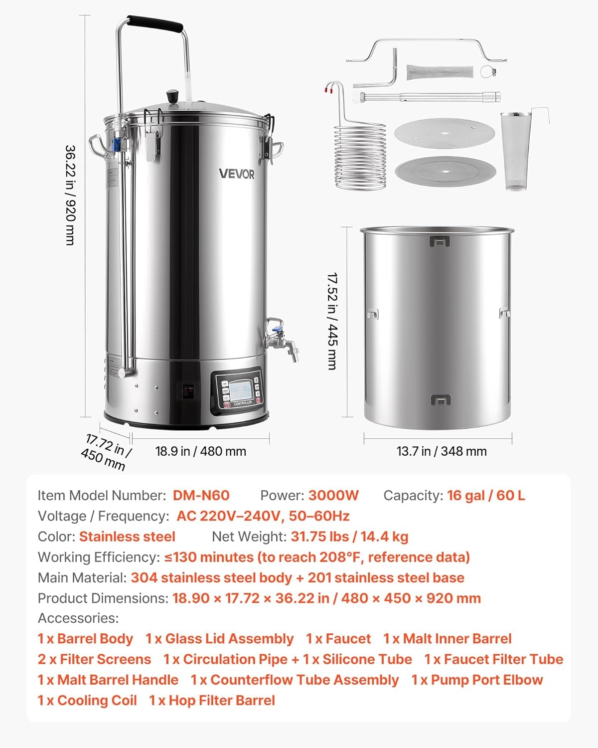 image:imageVEVOR Beer Brewing Equipment 16 Gal60L Beer Maker with AntiBurn Pump and Wort Chiller3000W AllinOne Home Brewing Kit with Digital Control Recipe Memory amp Timer Removable mesh strainer16 Gal