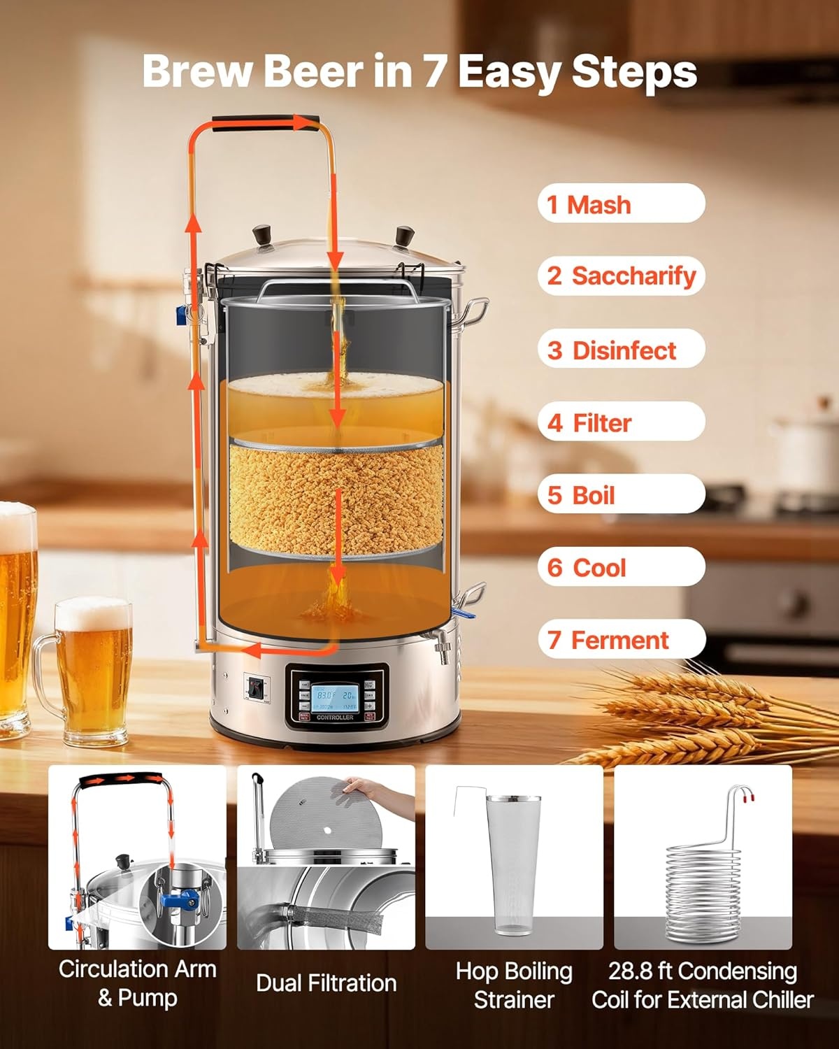image:imageVEVOR Beer Brewing Equipment 16 Gal60L Beer Maker with AntiBurn Pump and Wort Chiller3000W AllinOne Home Brewing Kit with Digital Control Recipe Memory amp Timer Removable mesh strainer16 Gal