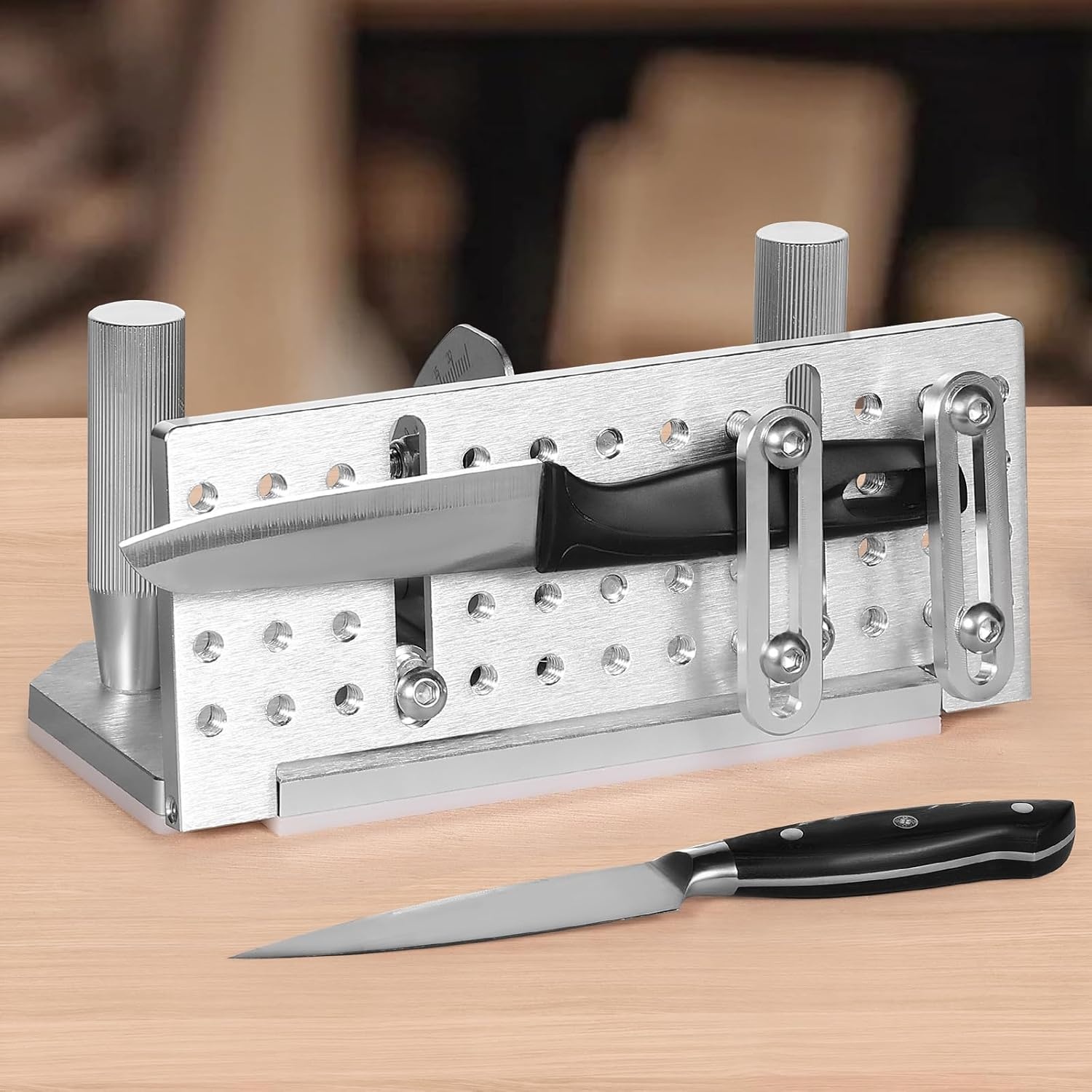 image:imageVEVOR Belt Grinder Knife Jig 85 115 Adjustable Belt Sander Knife Sharpening Jig with Dual Handles 768 Long Sharpener Locator Compatible with Belt Sander Bench Grinder Sharpening MachineSharpening JigUpgrade