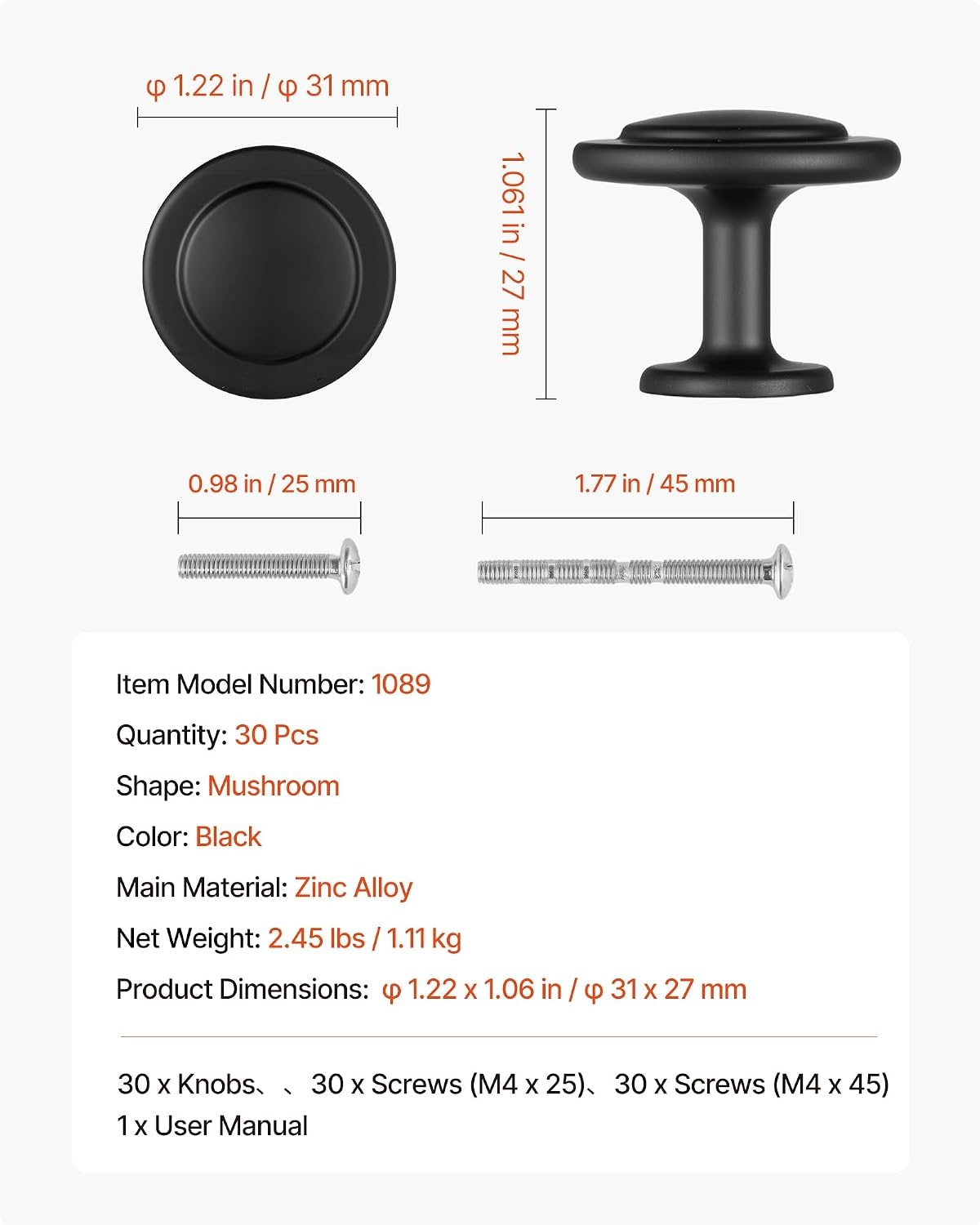 image:imageVEVOR Cabinet Knobs 30 Pack 122 Inch Black Zinc Alloy Drawer Pulls amp Door Handles Mushroom Kitchen Solid Knobs Dresser Handles Cupboard Hardware with Screws for Bathroom Closet Cabinets Drawers30 PCS