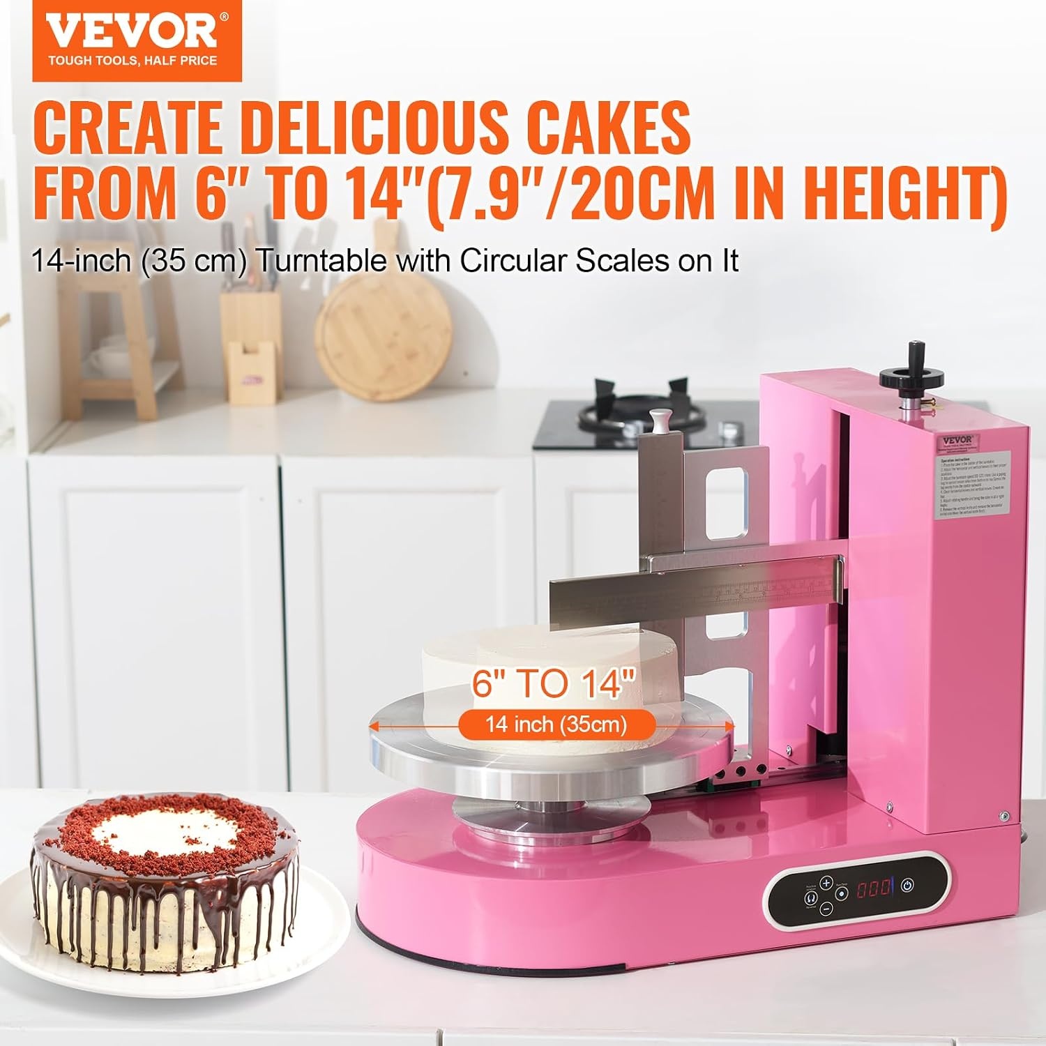 image:imageVEVOR Cake Decorating Machine Cake Cream Spreading Coating Smearing Machine Low Noise Cake Frosting Machine Turntable with Adjustable Scraper for 4 to 16 Cake 25320RPM Rotating Speed PinkPink