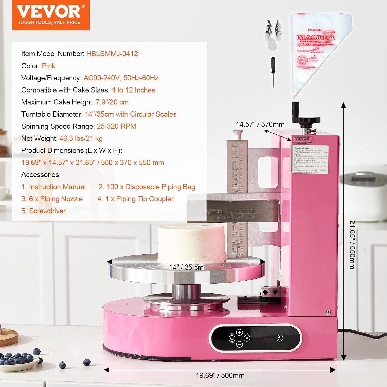 image:imageVEVOR Cake Decorating Machine Cake Cream Spreading Coating Smearing Machine Low Noise Cake Frosting Machine Turntable with Adjustable Scraper for 4 to 16 Cake 25320RPM Rotating Speed PinkPink