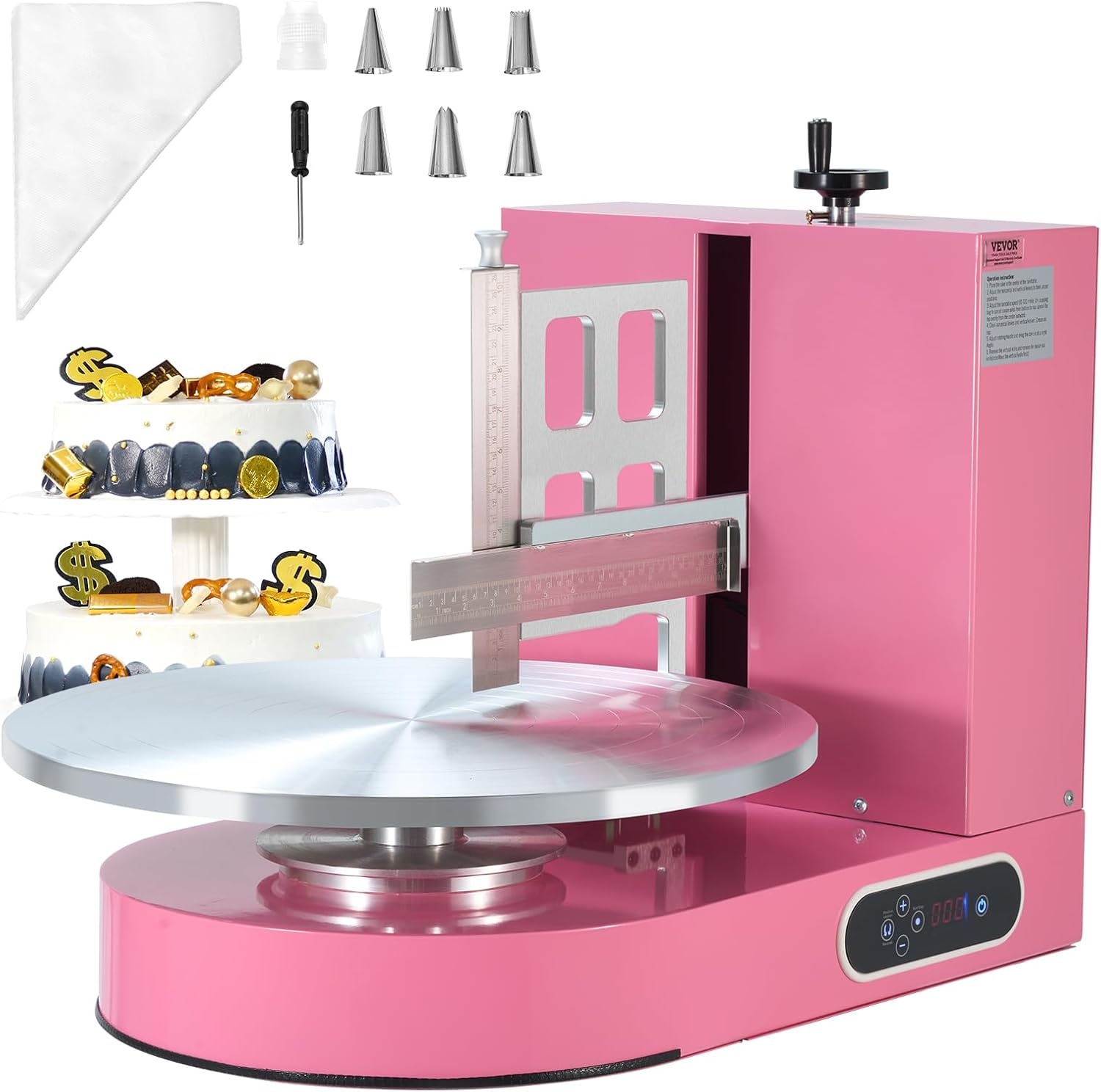 image:imageVEVOR Cake Decorating Machine Cake Cream Spreading Coating Smearing Machine Low Noise Cake Frosting Machine Turntable with Adjustable Scraper for 4 to 16 Cake 25320RPM Rotating Speed PinkPink