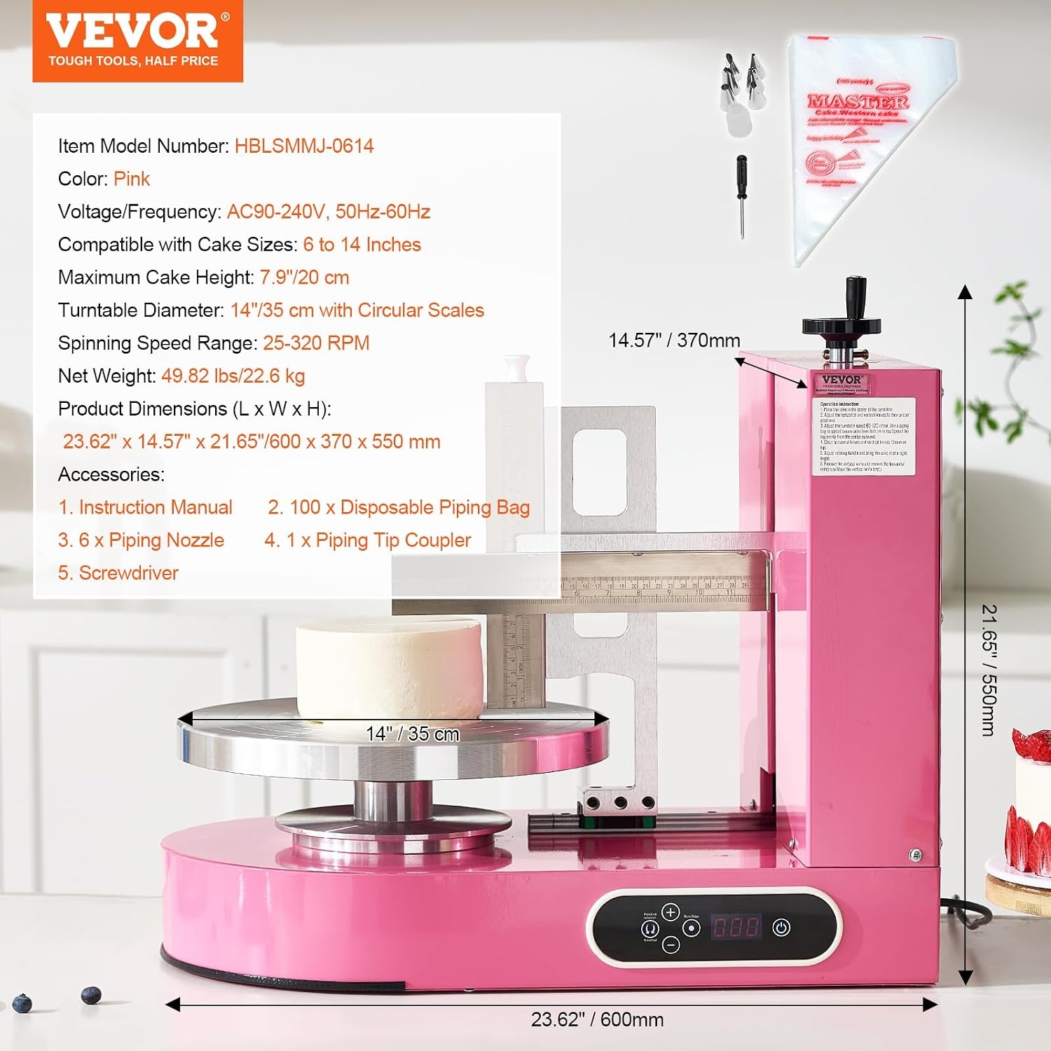 image:imageVEVOR Cake Decorating Machine Cake Cream Spreading Coating Smearing Machine Low Noise Cake Frosting Machine Turntable with Adjustable Scraper for 4 to 16 Cake 25320RPM Rotating Speed PinkPink