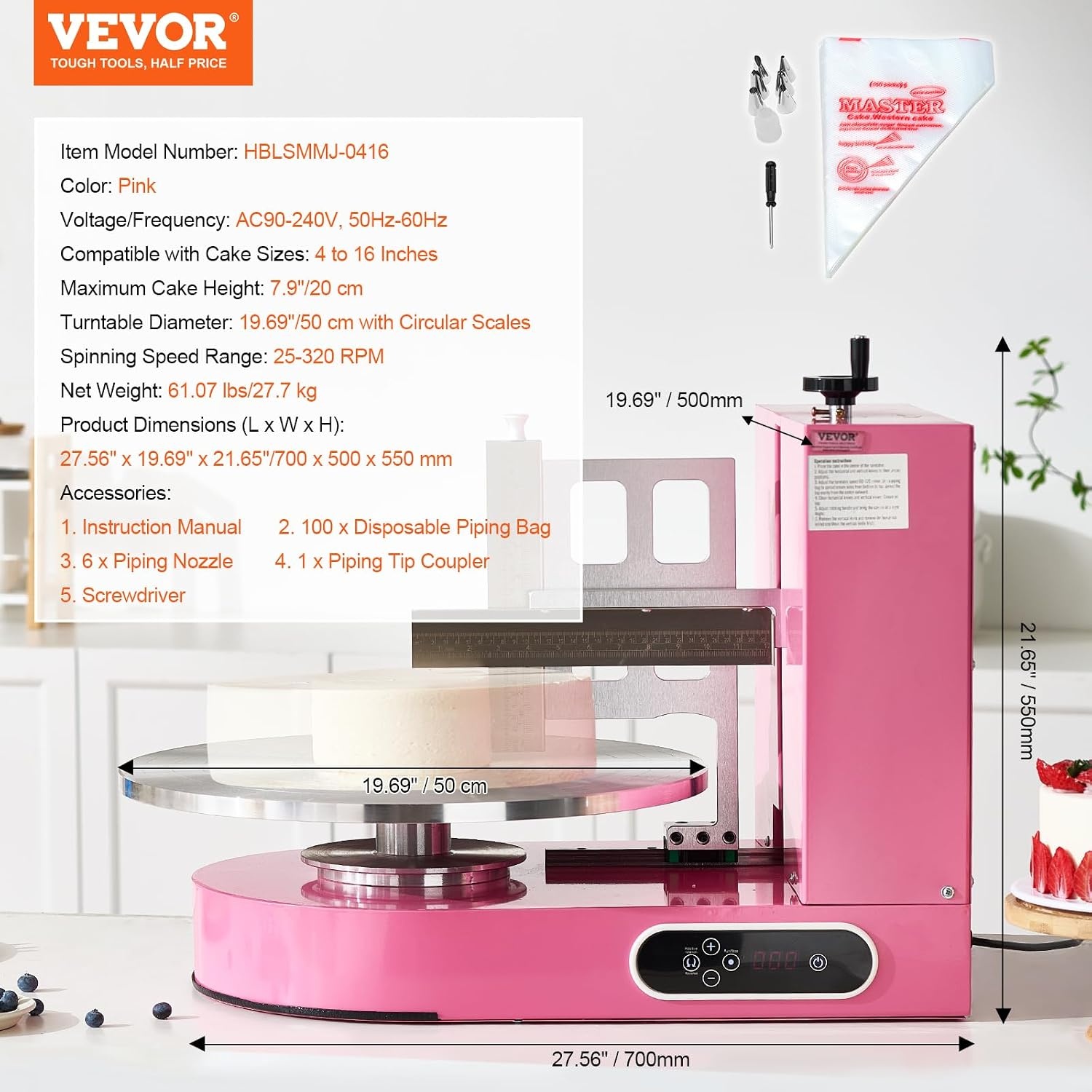 image:imageVEVOR Cake Decorating Machine Cake Cream Spreading Coating Smearing Machine Low Noise Cake Frosting Machine Turntable with Adjustable Scraper for 4 to 16 Cake 25320RPM Rotating Speed PinkPink