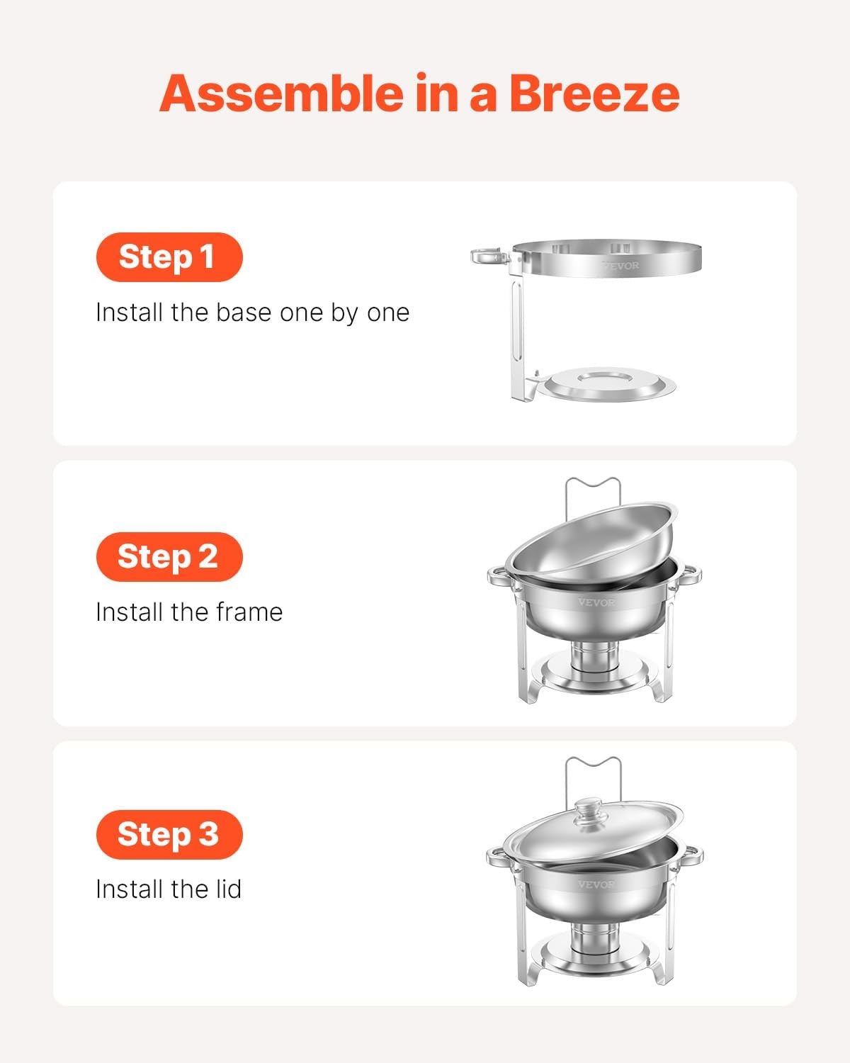 image:imageVEVOR Chafing Dish Buffet Set 5 Qt 4 Pack Stainless Steel Chafer with 4 Full Size Pans Round Catering Warmer Server with Lid Water Pan Folding Stand Clip for Weddings Parties Banquets SilverSilver