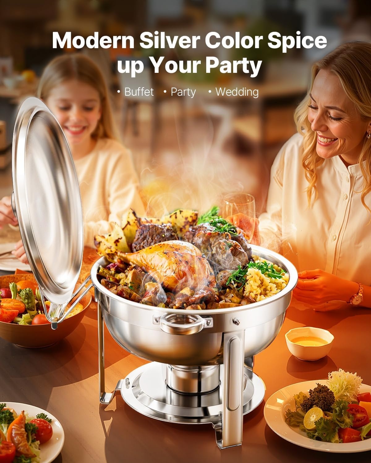 image:imageVEVOR Chafing Dish Buffet Set 5 Qt 4 Pack Stainless Steel Chafer with 4 Full Size Pans Round Catering Warmer Server with Lid Water Pan Folding Stand Clip for Weddings Parties Banquets SilverSilver