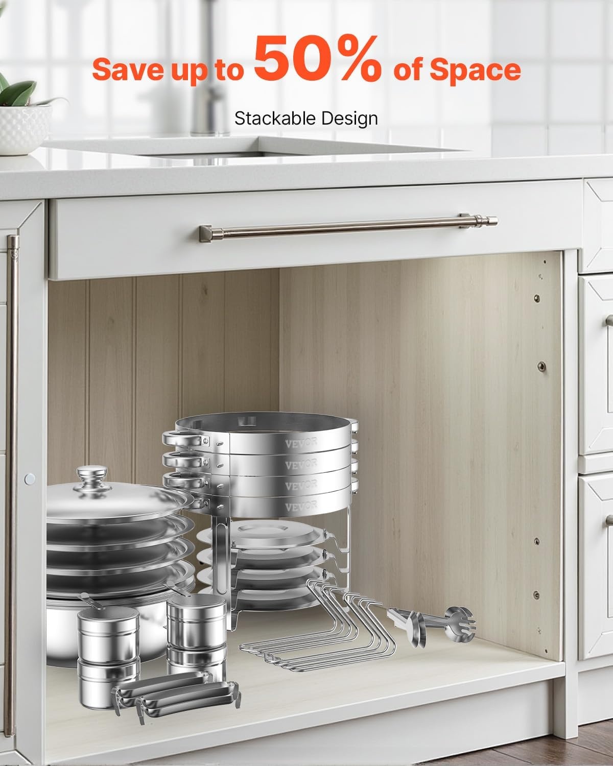 image:imageVEVOR Chafing Dish Buffet Set 5 Qt 4 Pack Stainless Steel Chafer with 4 Full Size Pans Round Catering Warmer Server with Lid Water Pan Folding Stand Clip for Weddings Parties Banquets SilverSilver